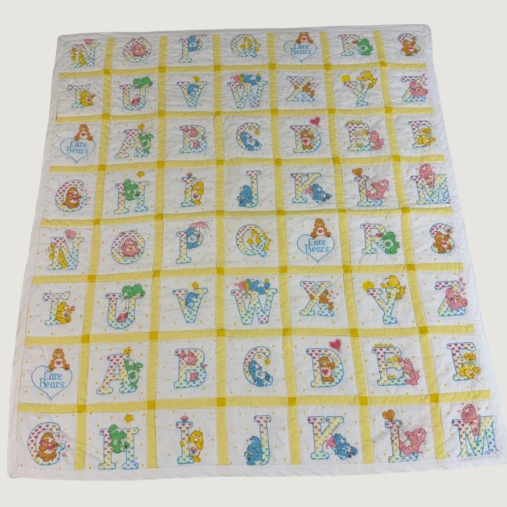 Vintage 80s Care Bears Alphabet Baby Quilt Blanket ABC Nursery Yellow 45x41